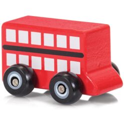 A small red wooden push along bus.