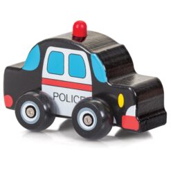 A small black, white and red wooden push along police car.