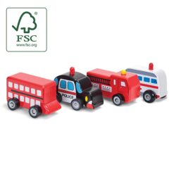 Small wooden push along toys lined up in a row. There is a bus, police car, fire engine and ambulance. An FSC sticker is in the top corner.