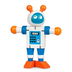 A robot toy with moveable arms and legs. The robot is white, orange and blue.