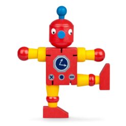 A robot toy with moveable arms and legs. The robot is red and yellow.