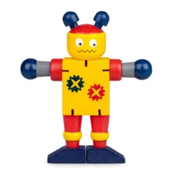 A robot toy with moveable arms and legs. The robot is yellow, red and blue.