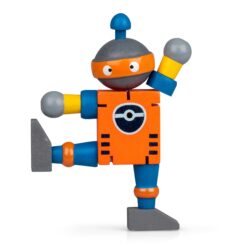 A robot toy with moveable arms and legs. The robot is orange, blue and yellow.