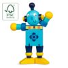 A robot toy with moveable arms and legs. The robot is blue and yellow. There is a FSC label in the top corner of the image.