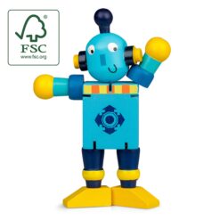 A robot toy with moveable arms and legs. The robot is blue and yellow. There is a FSC label in the top corner of the image.