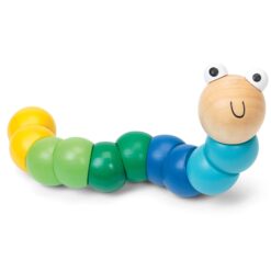 A wooden jointed worm toy in yellow, green and blue. The worm has two beady eyes and a smiley face.