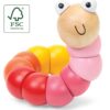 A wooden jointed worm toy in yellow, orange, red and pink. The worm has two beady eyes and a smiley face.