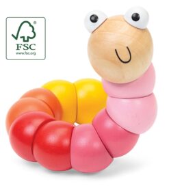 A wooden jointed worm toy in yellow, orange, red and pink. The worm has two beady eyes and a smiley face.
