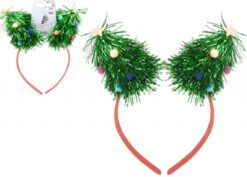 A red hair band topped with two tinsel Christmas trees which have pom pom decorations and a start on top.
