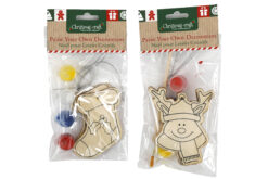 Two packs of paint your own tree decoration. One has a stocking design and the other is a reindeer. Each pack contains one decoration, a small paint brush and 4 small pots of paint.
