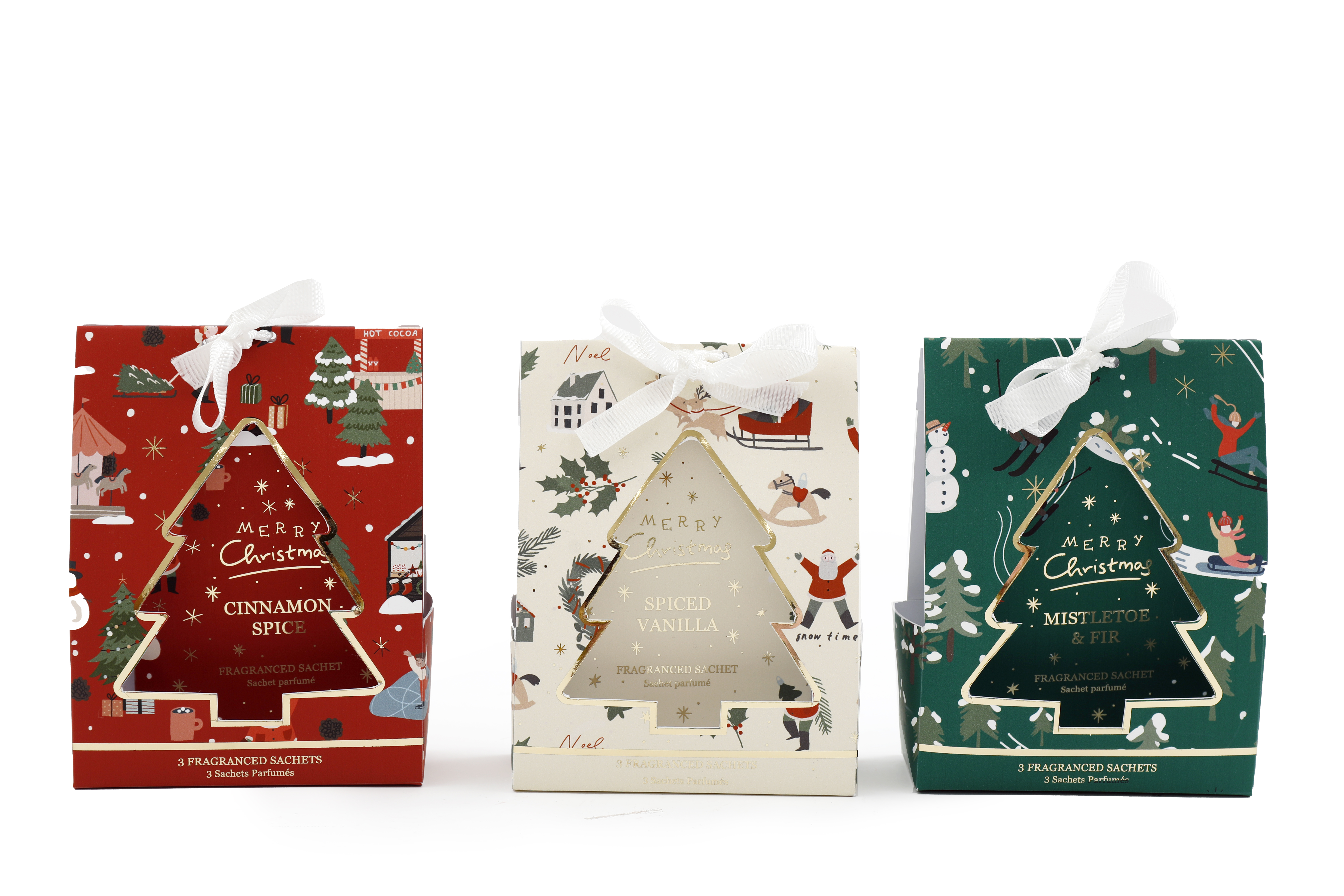 Three different Christmas fragrance sachets including cinnamon spice, mistletoe and fir and spiced vanilla.