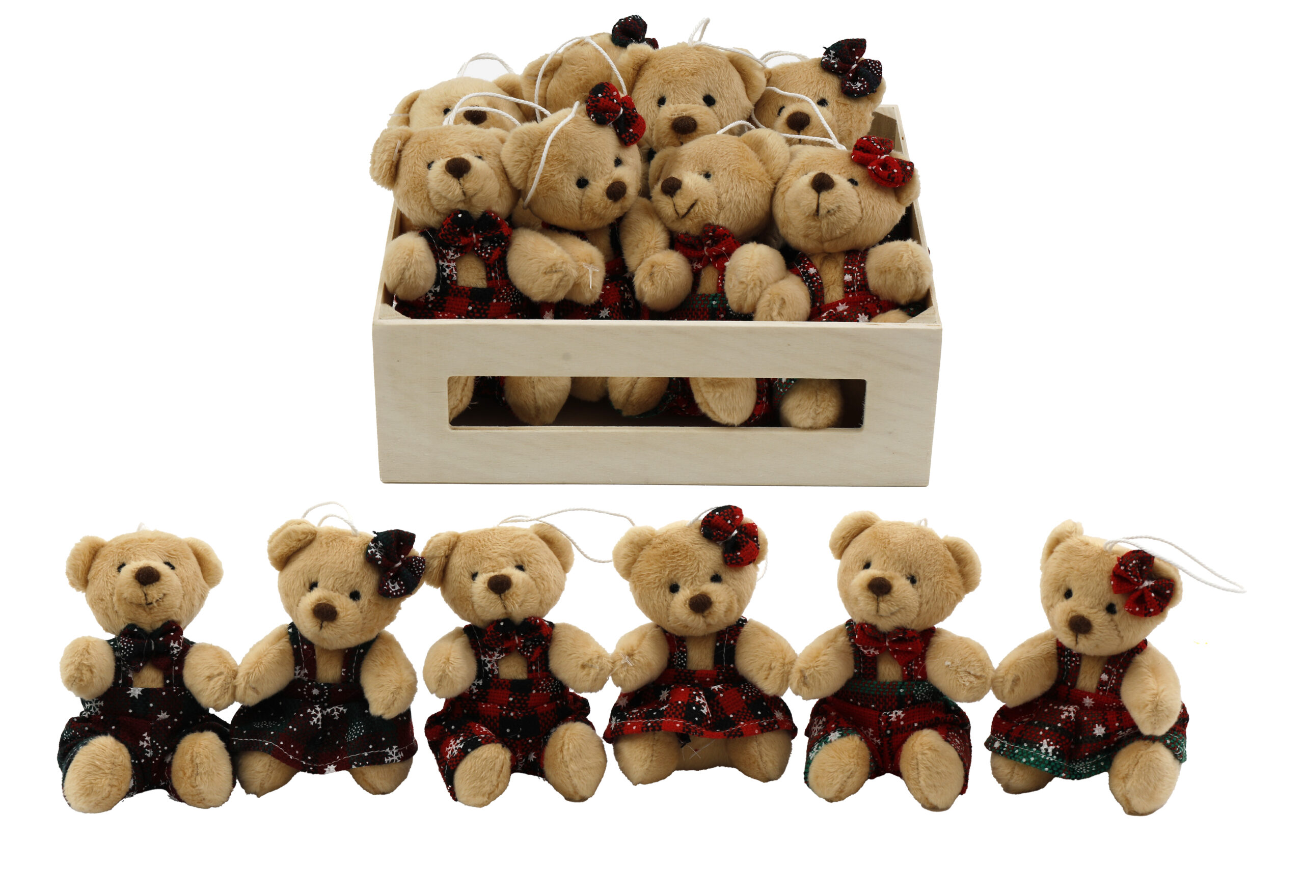 A crate of cuddly soft bears wearing tartan outfits and with hanging loops.