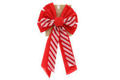 A large red bow with the top layer in candy cane red and white stripes.