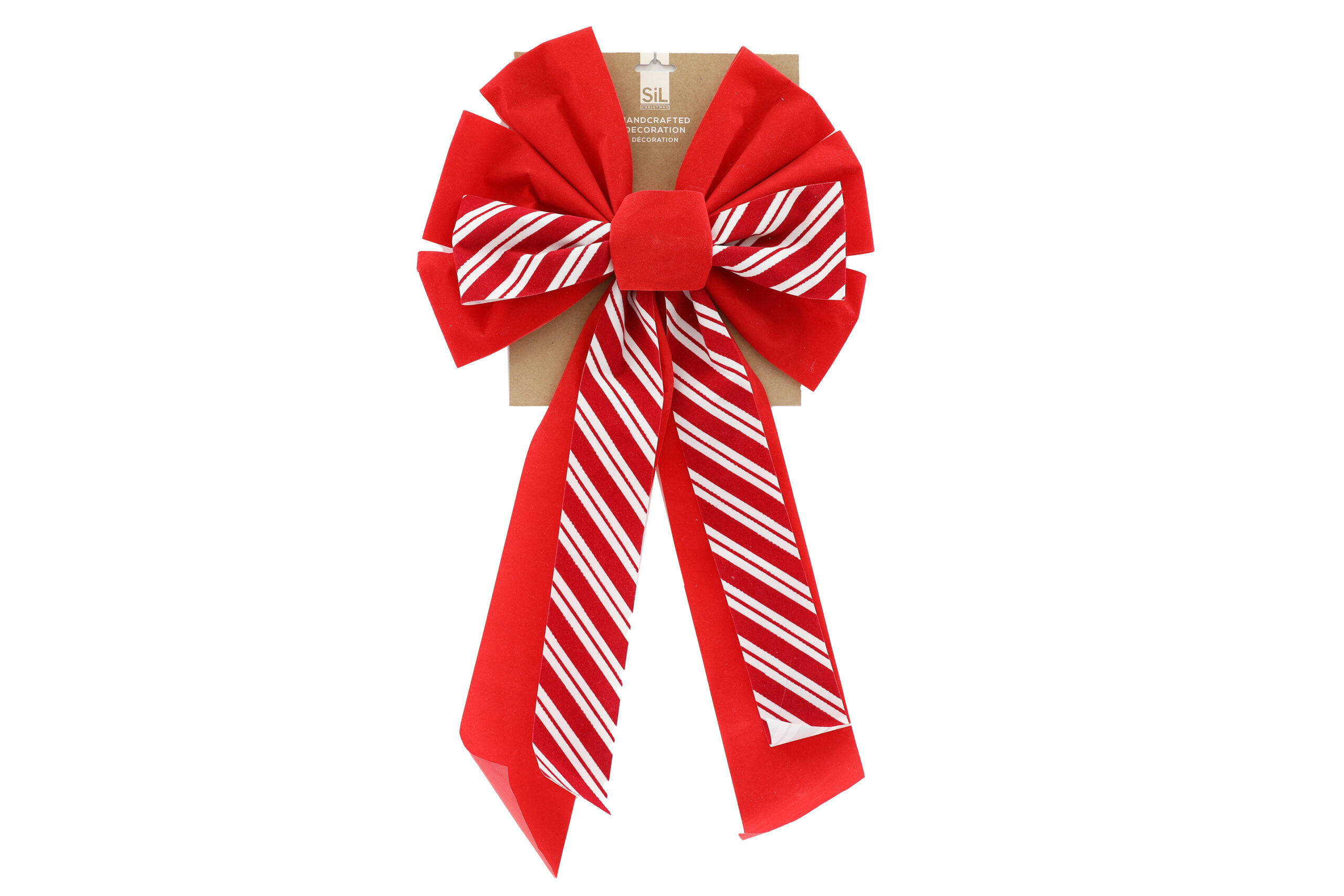 A large red bow with the top layer in candy cane red and white stripes.