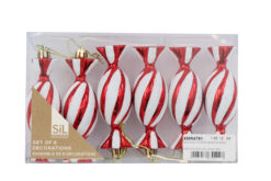A box of six decorations in a traditional boiled sweet design with candy cane red and white striped wrappers.