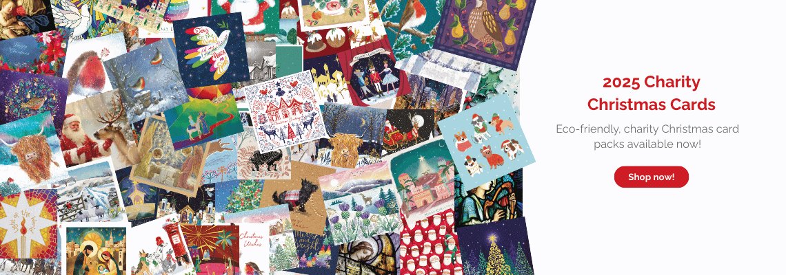 A collage of charity Christmas cards. Text reads '2025 Charity Christmas Cards. Eco-friendly, charity Christmas card packs available now. Shop now!'