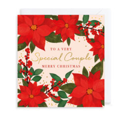 A square card with illustrations of poinsettias surrounding text which reads 'To a Very Special Couple. Merry Christmas.'
