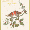 Greetings card with an illustration of two robins perched on a branch of green leaves and red berries. Text reads 'To the Love of my life. Happy Christmas'.