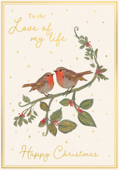 Greetings card with an illustration of two robins perched on a branch of green leaves and red berries. Text reads 'To the Love of my life. Happy Christmas'.