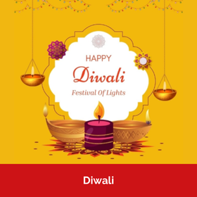 A yellow background with illustrations of candles and text in the centre reading 'Happy Diwali. Festival of Lights'.
