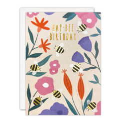 Birthday card with illustration of colourful flowers and bees. Gold text reads 'Hap-Bee Birthday'.