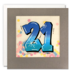 Square card with grey border. Illustration of the number 21 in a blue graffiti style. Behind the number is a clear square window which contains colourful paper confetti.