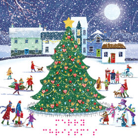 Christmas card supporting RNIB which has an illustration of people enjoying the winter weather around a giant Christmas tree in the centre. This card has braille messaging on the front.