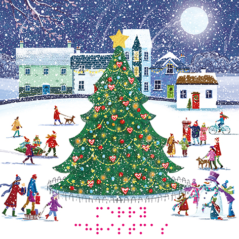 Christmas card supporting RNIB which has an illustration of people enjoying the winter weather around a giant Christmas tree in the centre. This card has braille messaging on the front.