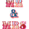 A white card with large, bold, colourful text reading 'Mr & Mrs'.