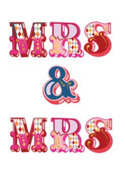 White card with large, colourful text reading 'Mrs & Mrs'.