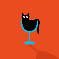 A red card with an illustration of a black cat curled up inside a wine glass.