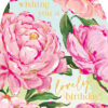 An arched shaped birthday card featuring an illustration of large peony flowers in pink with green leaves against a pale blue background. Gold text reads 'Wishing you a lovely birthday'.