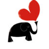 A white card with a black elephant which has a red heart coming out of it's trunk.