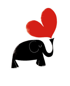 A white card with a black elephant which has a red heart coming out of it's trunk.