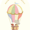 Birthday card with an illustration of a mouse in the basket of a hot air balloon. The balloon has colourful stripes in pink, yellow, green and blue. Text above reads 'Have a fun Birthday'.