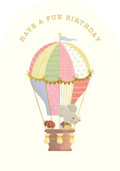 Birthday card with an illustration of a mouse in the basket of a hot air balloon. The balloon has colourful stripes in pink, yellow, green and blue. Text above reads 'Have a fun Birthday'.