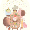 Whimsical birthday card showing woodland animals and insects wearing party hats around a table with cake under golden ‘Happy Birthday’ lettering and confetti