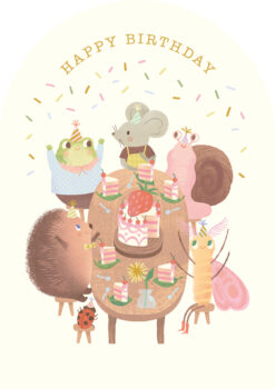 Whimsical birthday card showing woodland animals and insects wearing party hats around a table with cake under golden ‘Happy Birthday’ lettering and confetti