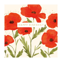 A birthday card with an illustration of bright red poppies with green stems. A white box in the centre holds the text 'Happy Birthday'.