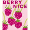 Birthday card with an illustration of plump raspberries on green stems against a pale pink background. Large text reads 'Have a Berry Nice Birthday'.