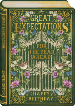 Green birthday card in the shape of a book. The card is illustrated with large ornate gates surrounded by flowers. Gold, debossed text reads 'Great Expectations for the Year Ahead. Happy Birthday'.