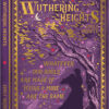 A card with book style cover. With a purple background and gold foil border, the card is illustrated with a silhouette of Heathcliff & Catherine sharing a loving embrace. Gold text reads 'Wuthering Heights. Emily Bronte' along with the quote 'Whatever our souls are made of, yours & mine are the same'.