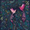 Square greeting card. Two pink hummingbirds splay their wings as they hover surrounded by vibrant, colourful botanicals. The image is on a dark background.