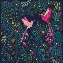 Square greeting card. Two pink hummingbirds splay their wings as they hover surrounded by vibrant, colourful botanicals. The image is on a dark background.