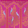 A vibrant pink card with intricate illustration of five blue birds, with long feather tails, perched in golden trees beneath elegant gold arches.