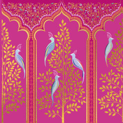 A vibrant pink card with intricate illustration of five blue birds, with long feather tails, perched in golden trees beneath elegant gold arches.