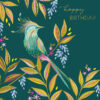 A green card with an illustration by Sara Miller of a bird perched on a branch. Colours are green and yellow. The text 'happy birthday' appears in the top right corner.
