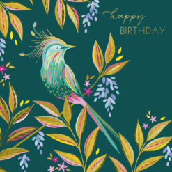 A green card with an illustration by Sara Miller of a bird perched on a branch. Colours are green and yellow. The text 'happy birthday' appears in the top right corner.