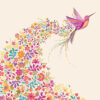 Square greeting card with illustration of a pink hummingbird in flight, splaying it's wings and leaving a trail of colourful flowers.
