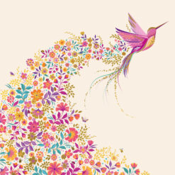 Square greeting card with illustration of a pink hummingbird in flight, splaying it's wings and leaving a trail of colourful flowers.